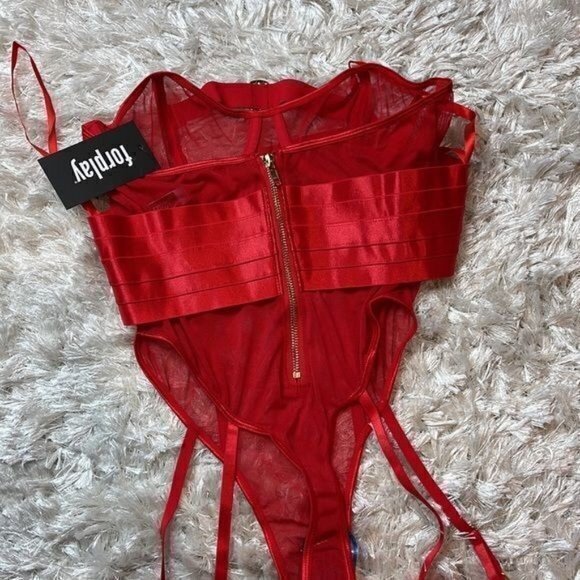 Forplay Honey Please Buckle Mesh Garter Teddy -‎ Red Size M REFNB - Picture 7 of 8